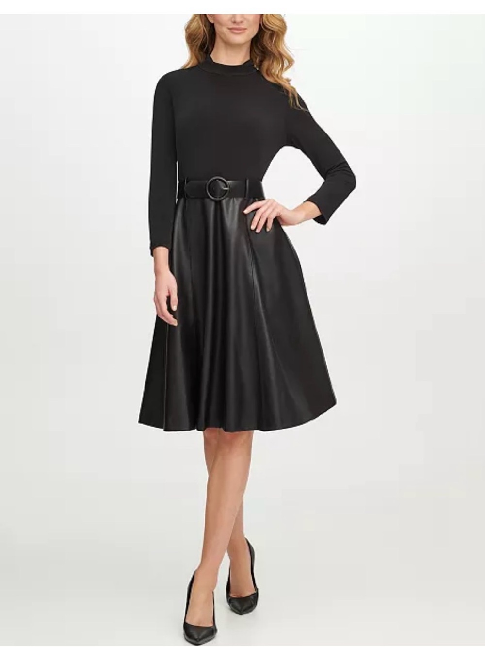 Calvin Klein Black leather belted dress